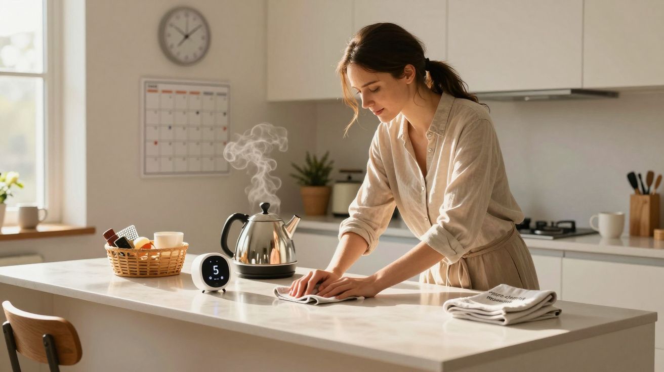 Mulher a limpar bancada de cozinha iluminada, com chaleira a ferver e relógio digital ao lado.