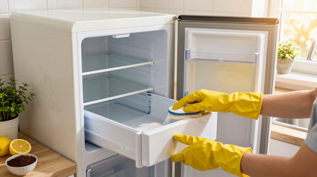 Pessoa a limpar o interior de um frigorífico aberto, usando luvas amarelas e esponja azul.