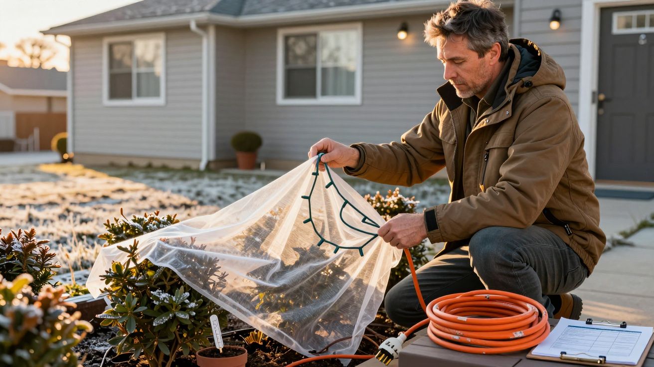 Homem a cobrir plantas com rede protetora num jardim em frente a uma casa residencial durante o dia.