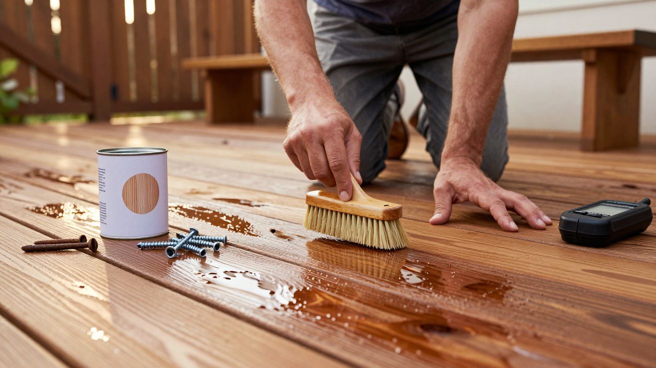 Homem a aplicar verniz num chão de madeira com pincel, rodeado de pregos e parafusos.