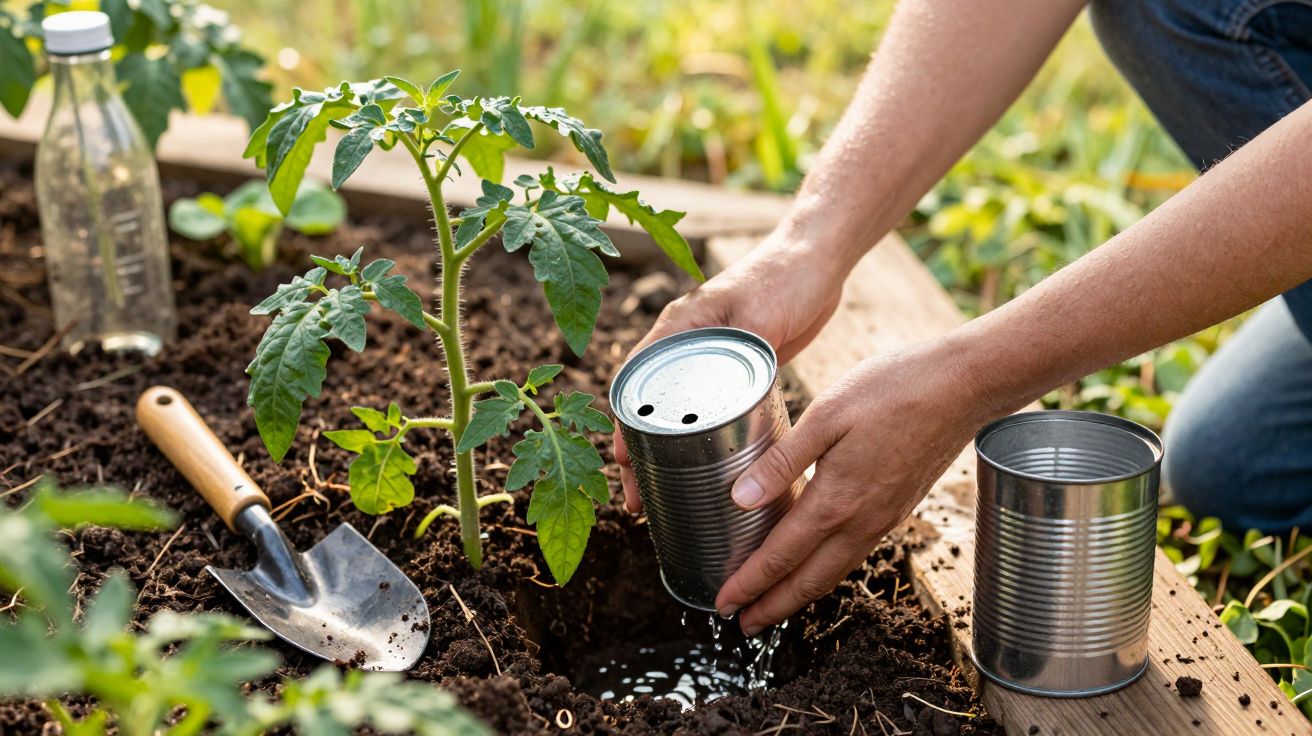 Pessoa a regar uma planta jovem de tomateiro num canteiro de jardim com lata perfurada.