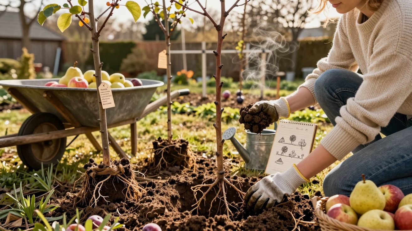 Pessoa a plantar árvores jovens num jardim com carrinho cheio de frutos e caderno com desenho de plantas.