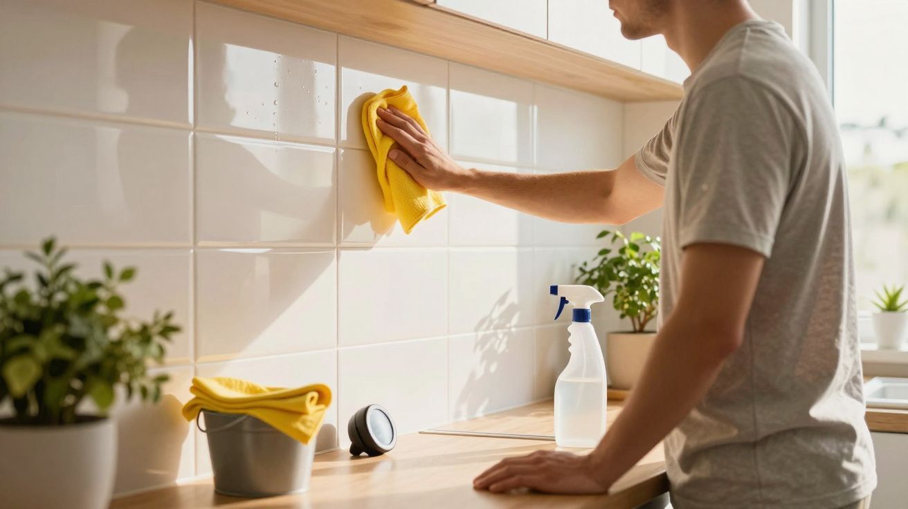 Pessoa a limpar azulejos da cozinha com pano amarelo e spray de limpeza, plantas na bancada.