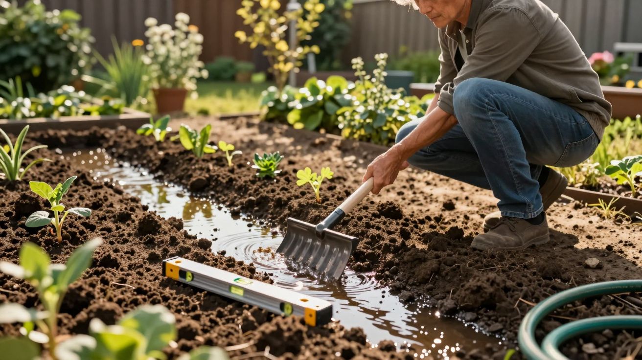 Pessoa a cavar e a remover a água acumulada numa pequena plantação num jardim ensolarado.