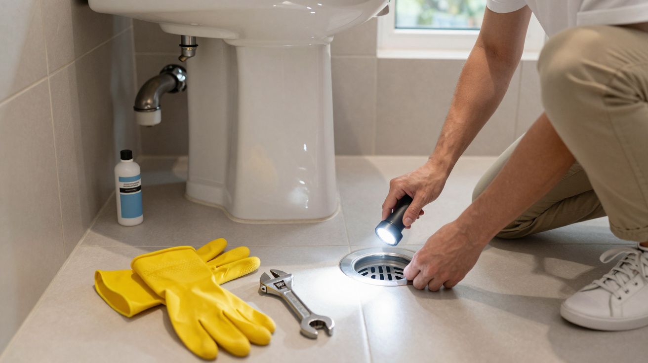 Pessoa a inspecionar o ralo de uma casa de banho com lanterna, ao lado de luvas amarelas e uma chave inglesa.
