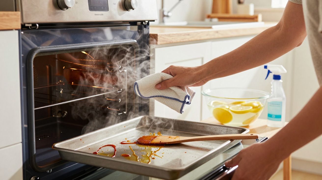 Pessoa a retirar tabuleiro quente com restos de comida do forno numa cozinha moderna.