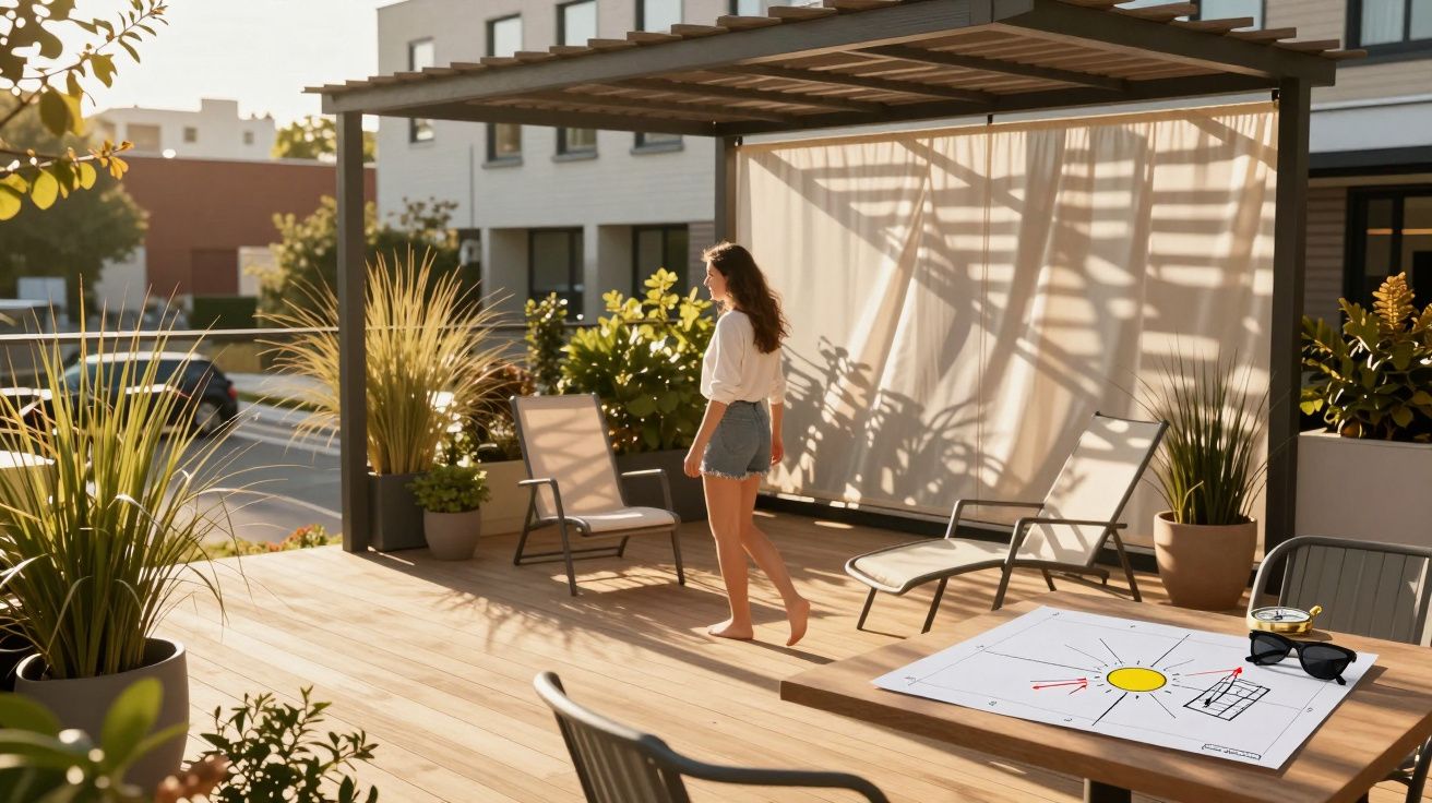 Mulher de pé numa varanda de madeira com plantas, cadeiras e uma planta arquitetónica sobre a mesa.