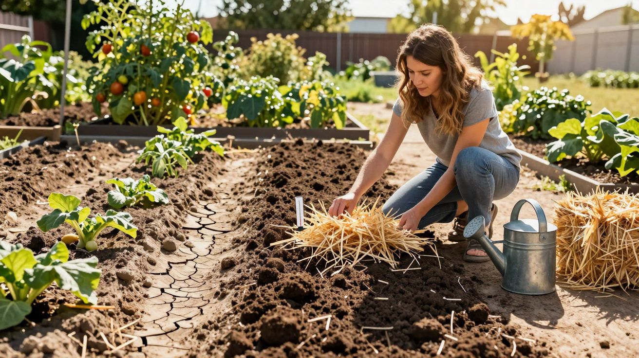Mulher a plantar sementes num canteiro com palha ao lado e um regador metálico numa horta ensolarada.