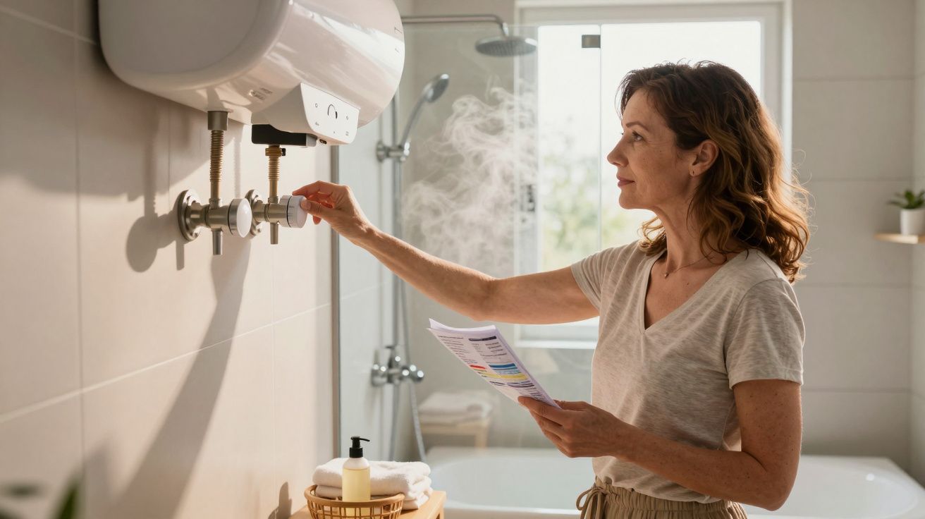 Mulher ajusta válvula de esquentador a gás num banheiro com vapor e instruções na mão.