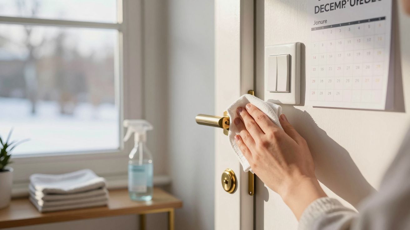 Mão a limpar a maçaneta da porta com um pano branco num ambiente iluminado junto a uma janela.