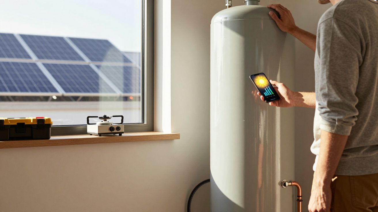 Pessoa controla aquecedor de água com energia solar usando smartphone junto a janelas com painéis solares.