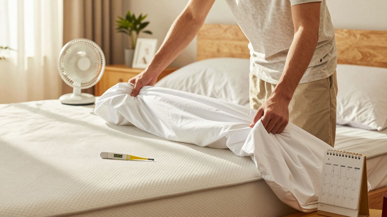 Pessoa a arrumar a cama com um termómetro digital e um calendário na cabeceira.