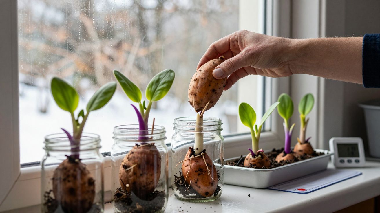 Mãos a plantar batatas a germinar em frascos e tabuleiro, sobre parapeito de janela com chuva lá fora.