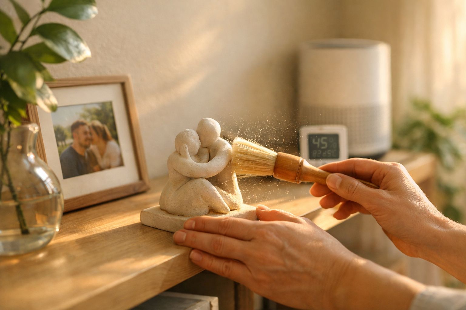 Mãos a limpar com pincel escultura de casal abraçado numa prateleira com moldura e objeto digital.