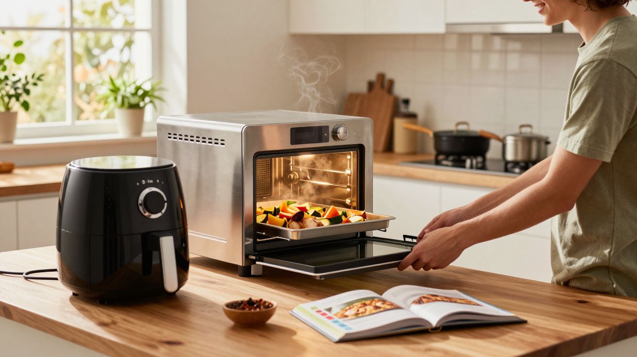 Pessoa a retirar tabuleiro de legumes assados de forno elétrico numa cozinha moderna com fritadeira de ar na bancada.