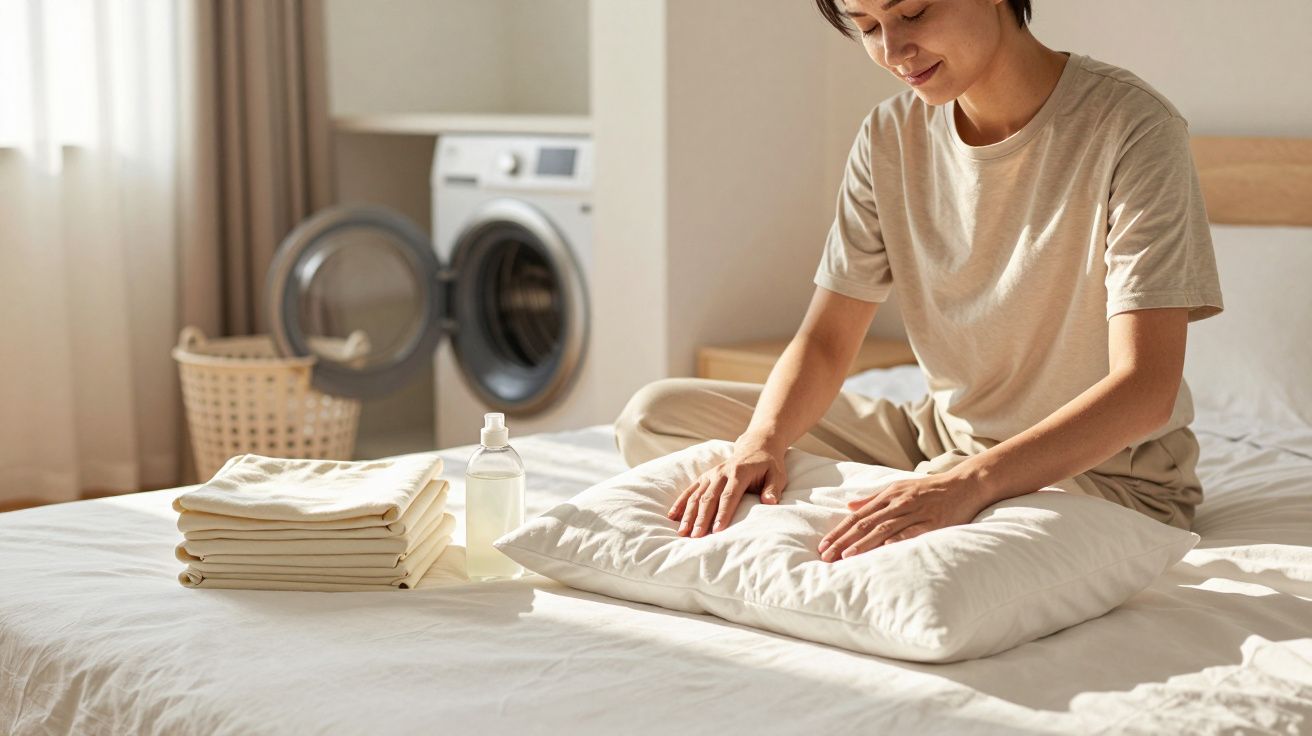Pessoa a arrumar uma almofada num quarto com roupa lavada e máquina de lavar ao fundo.