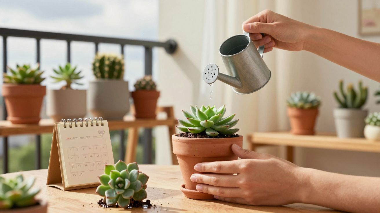 Pessoa a regar suculenta em vaso de barro num ambiente interior com plantas e calendário na mesa.
