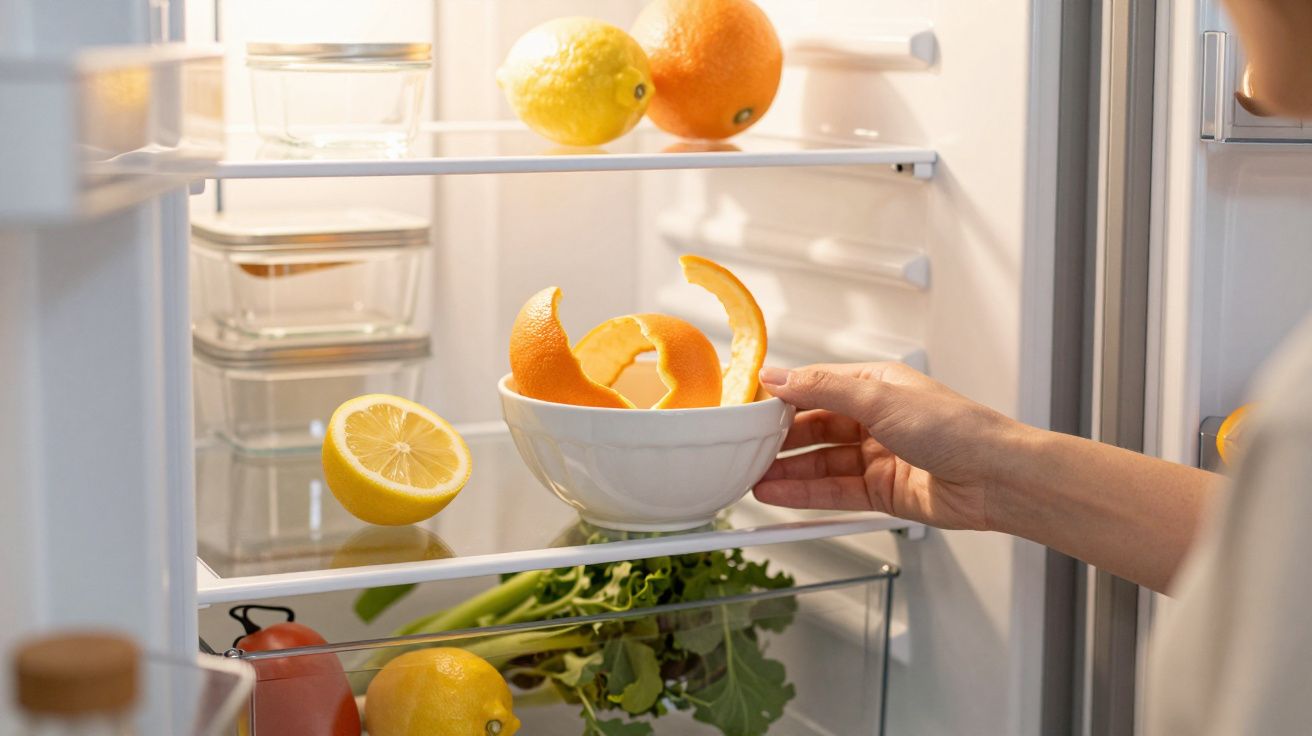Interior de frigorífico com frutas, legumes e mão a colocar cascas de laranja numa tigela branca.