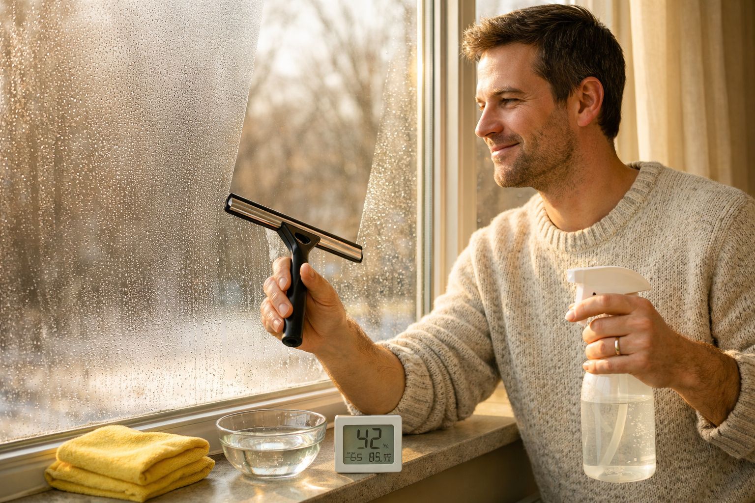 Homem a limpar janela húmida com esfregona, segurando pulverizador e sorrindo junto a termómetro digital.
