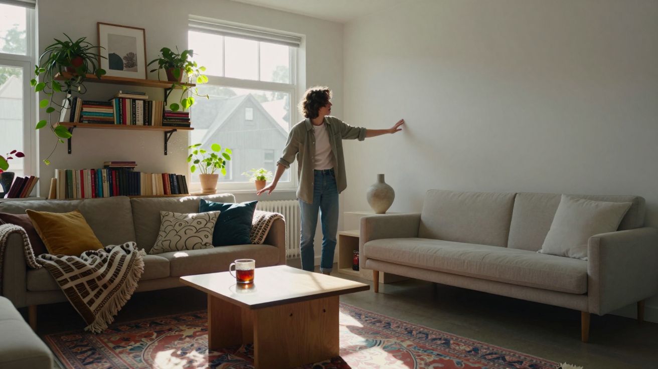 Mulher a decorar sala de estar com sofás, mesa de madeira, plantas e livros junto a janela iluminada.