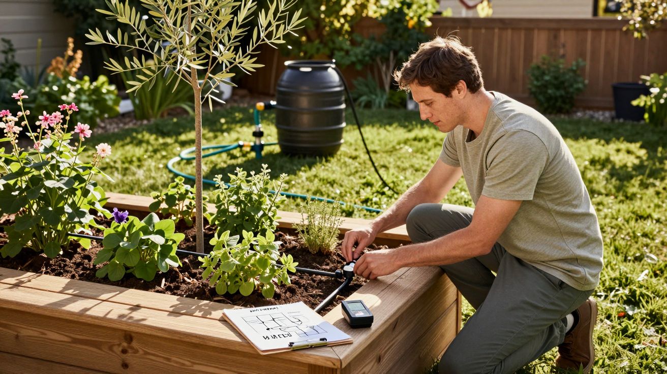 Homem a instalar sistema de rega automática num jardim com plantas florescentes e árvores jovens.
