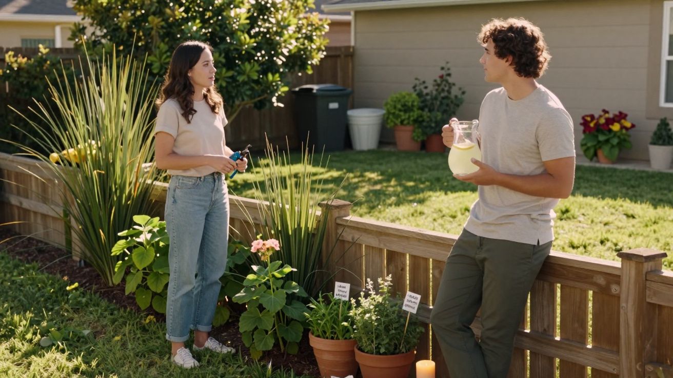 Jovem a conversar num jardim, com plantas e flores, durante um dia soalheiro.