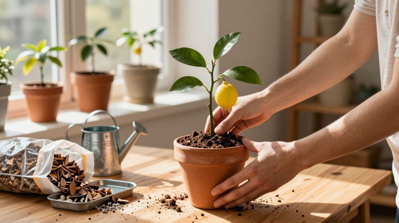 Pessoa a cuidar de um limoeiro jovem em vaso de barro junto a sementes e regador numa mesa de madeira.