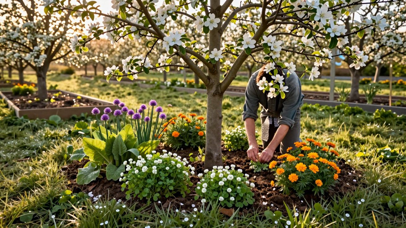 Pessoa a cuidar de plantas floridas num pomar com árvores em flor ao pôr do sol.