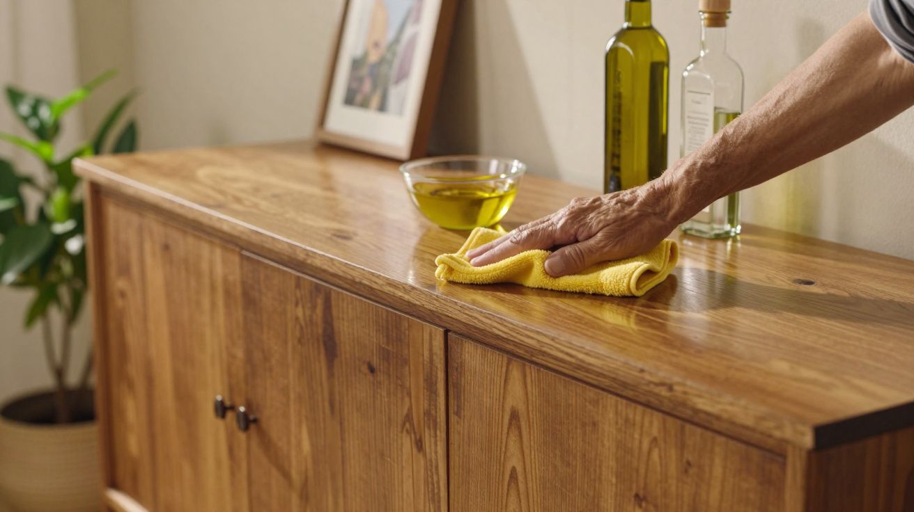 Mão de pessoa a limpar e envernizar tampo de móvel de madeira com pano amarelo e óleo.