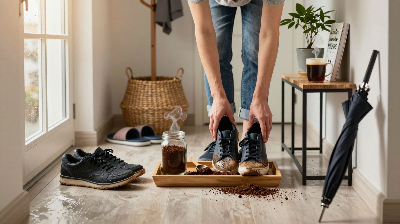 Pessoa a limpar sapatos com borra de café num tabuleiro numa entrada de casa iluminada por luz natural.