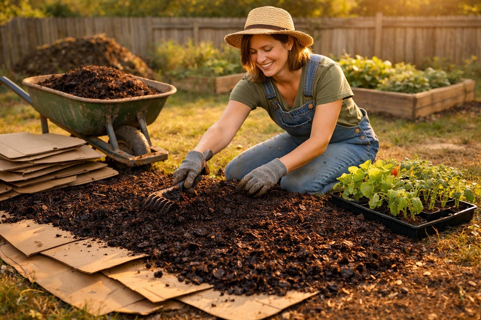 Mulher a preparar o solo com ancinho num jardim, rodeada de plantas e carrinho de mão com composto.