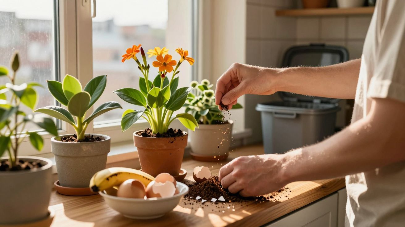 Mãos a semear sementes em terra junto a vasos com plantas e flores numa janela iluminada pelo sol.