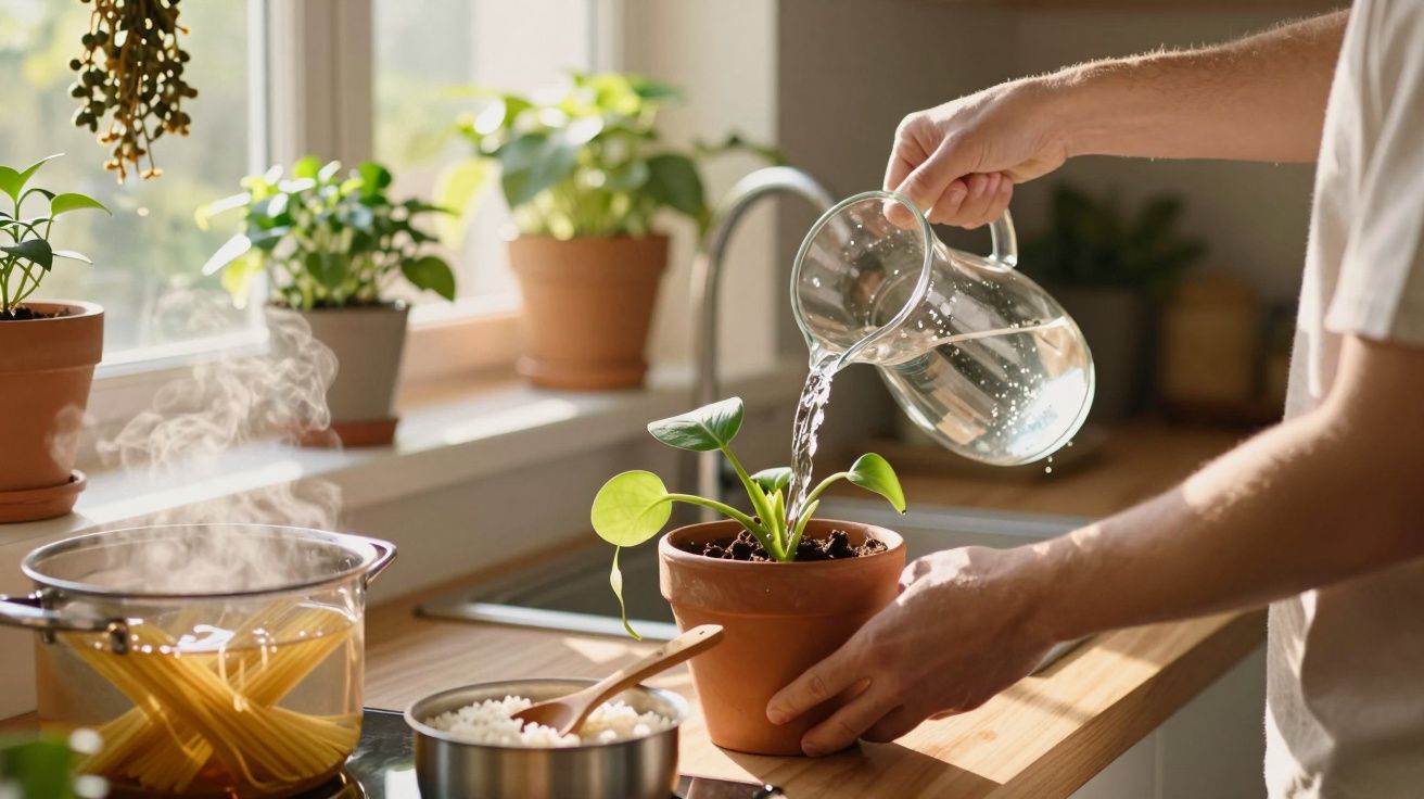 Pessoa a regar planta em jarro na cozinha iluminada, com panelas e plantas ao fundo.