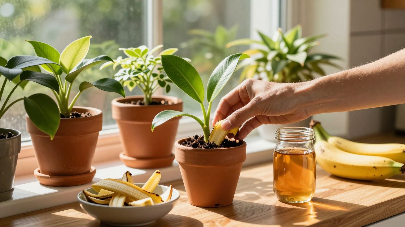 Mão a plantar um pedaço de banana em vaso de barro com plantas verdes junto a janela iluminada.