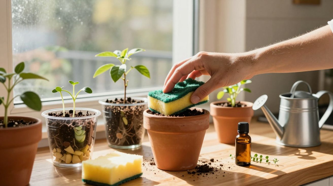 Mão a limpar vaso de barro com esponja, plantas e regador numa janela iluminada pelo sol.