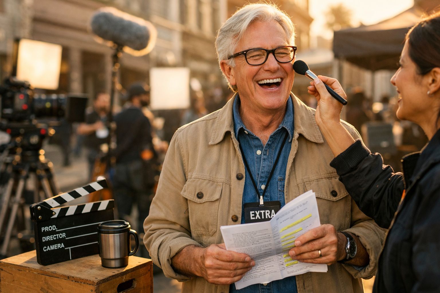 Ator sorridente recebe maquilhagem antes das filmagens num set de cinema ao ar livre.