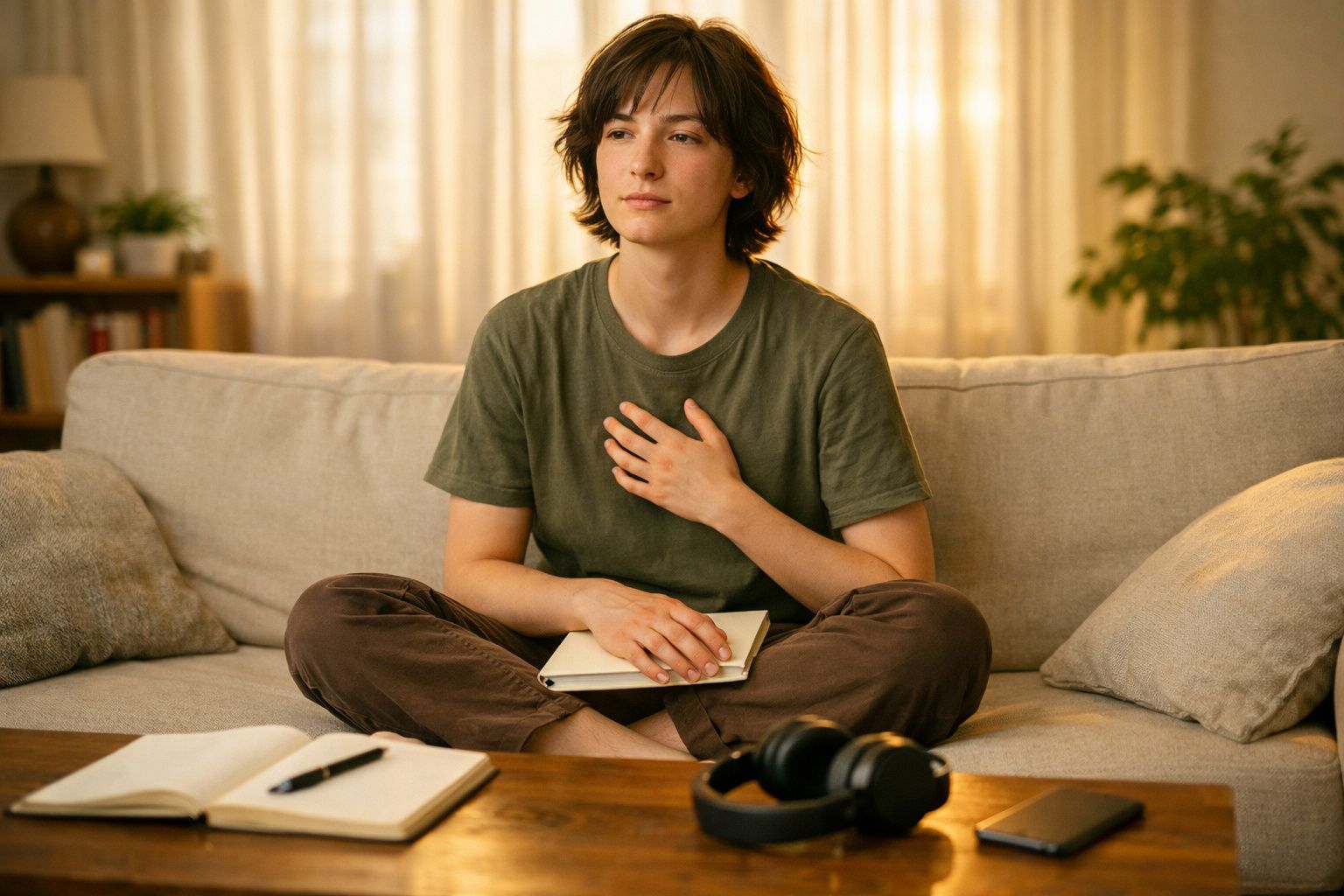 Jovem sentado no sofá com caderno no colo, expressão pensativa e uma mão no peito.
