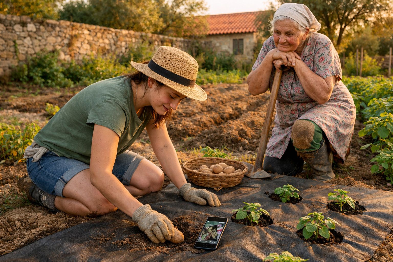 Jovem e idosa a trabalhar juntas no jardim, plantando e colhendo batatas num campo rural.