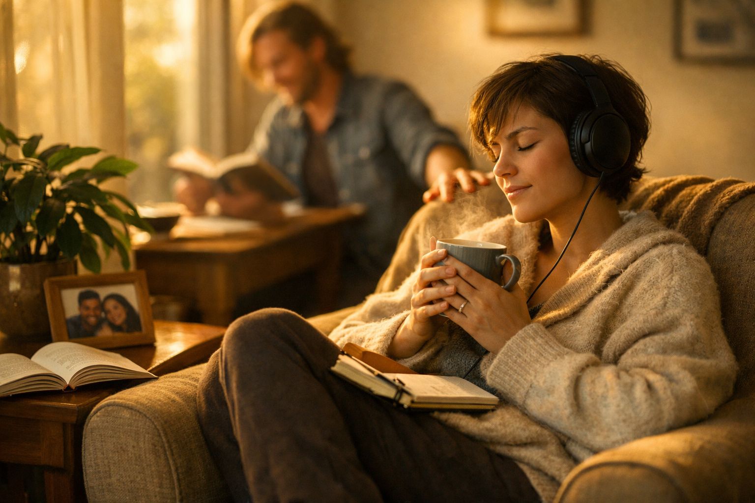 Mulher relaxa com fones e chá sentada, homem ao fundo lê livro num ambiente acolhedor e iluminado.