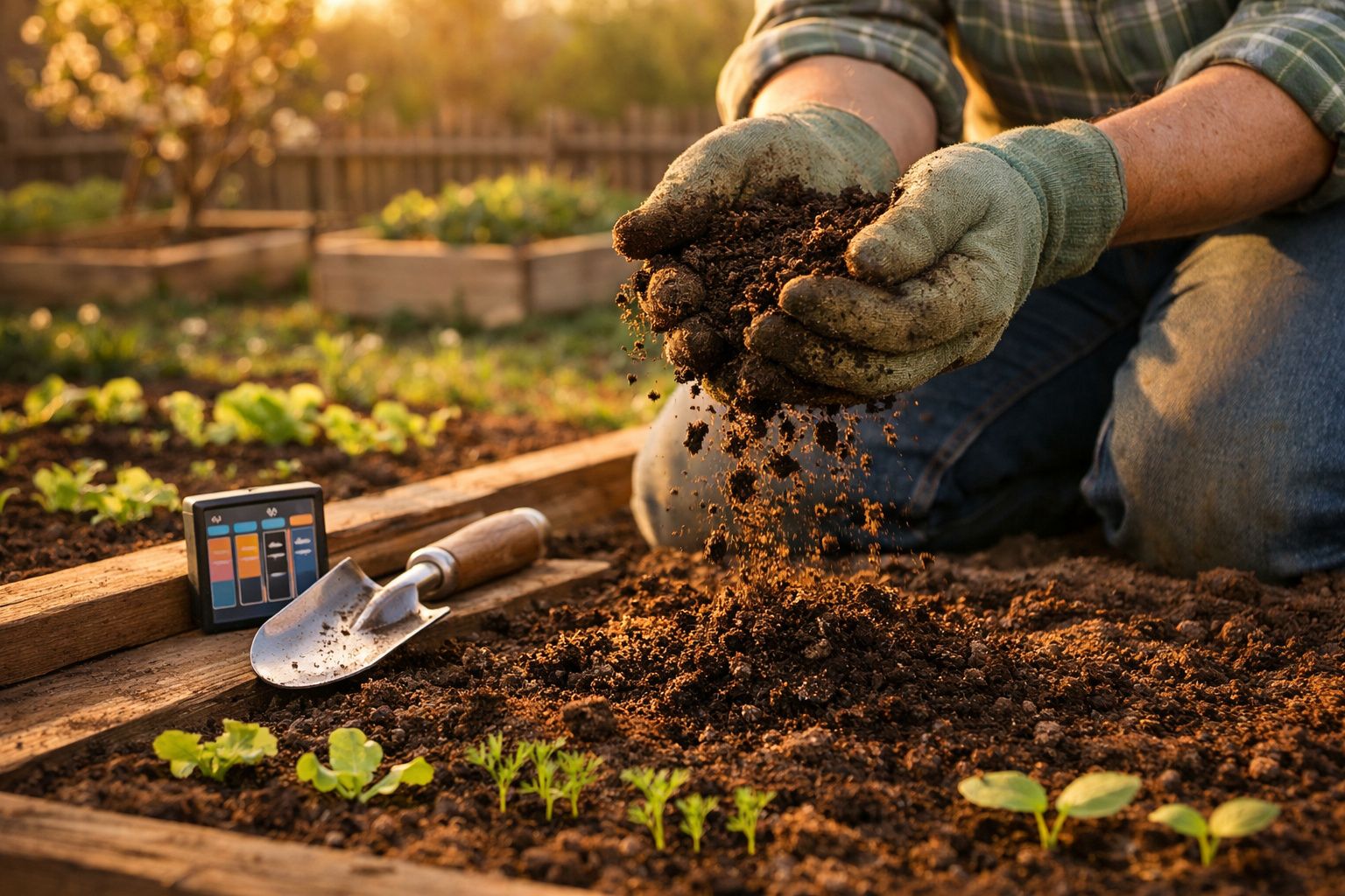 Pessoa com luvas a mexer terra num jardim, com uma pequena enxada e um medidor de qualidade do solo.