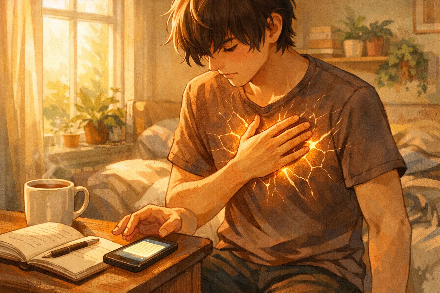 Jovem sentado a ler no telemóvel com mão no peito brilhante, luz quente e ambiente acolhedor.