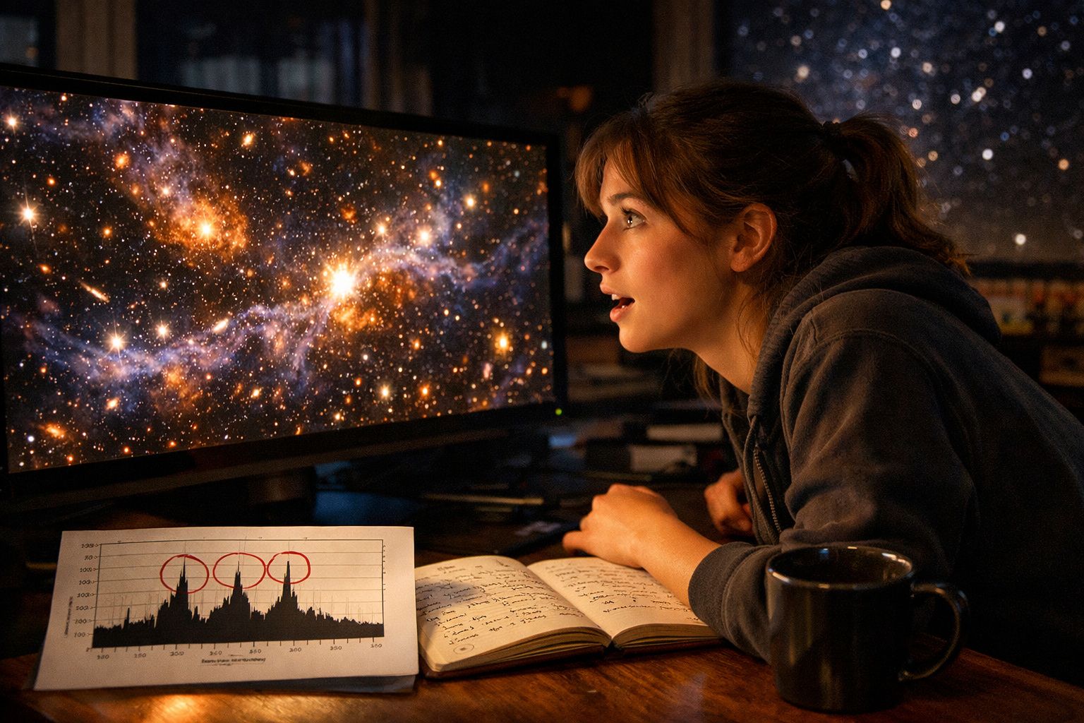 Mulher observa fascinada imagem do espaço num ecrã, com notas e gráfico com picos destacados na mesa.