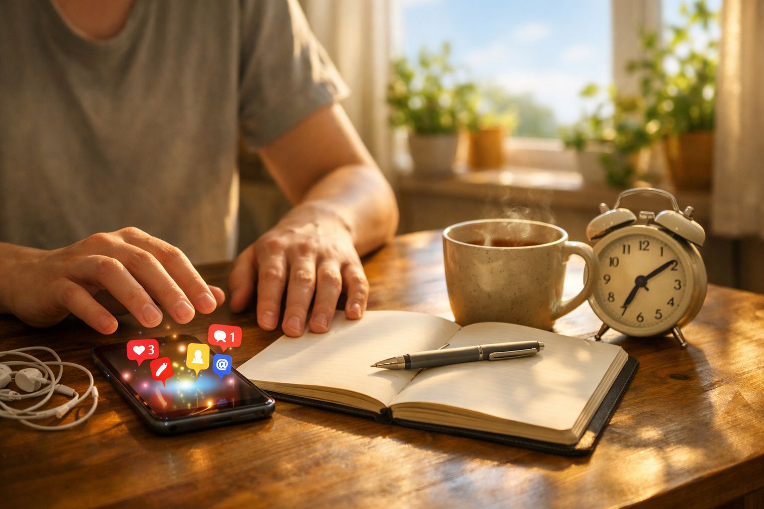 Mãos junto a telemóvel com notificações, caderno aberto com caneta, chá quente e despertador numa mesa iluminada.
