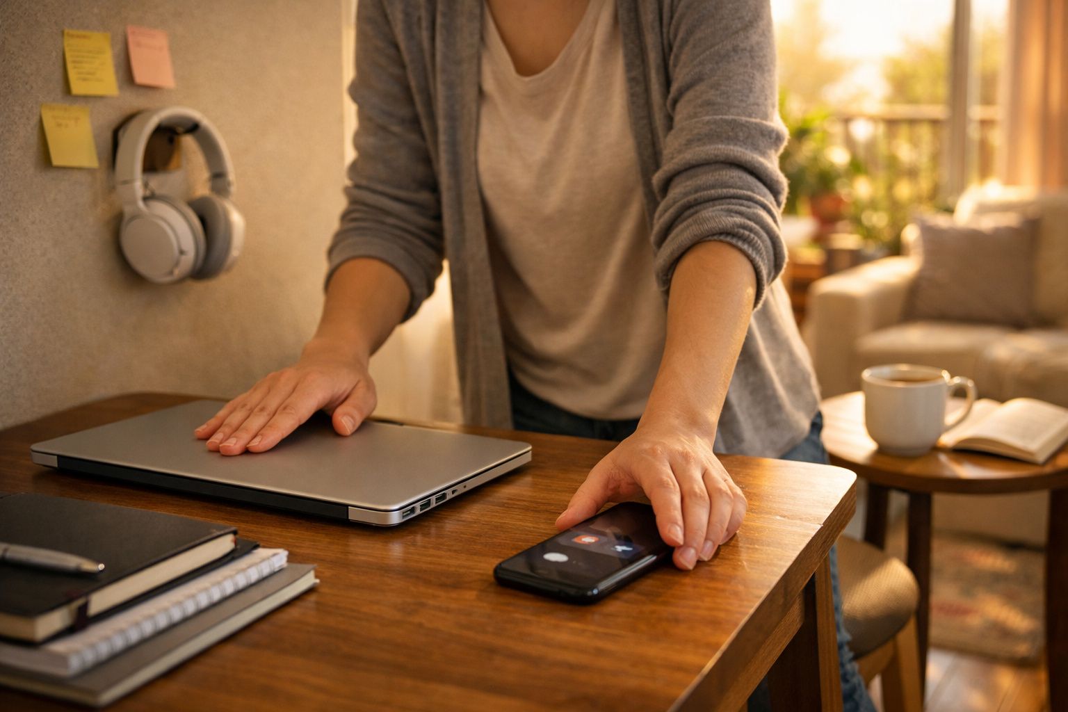 Pessoa a atender uma chamada num smartphone enquanto desliga um portátil numa mesa de trabalho.