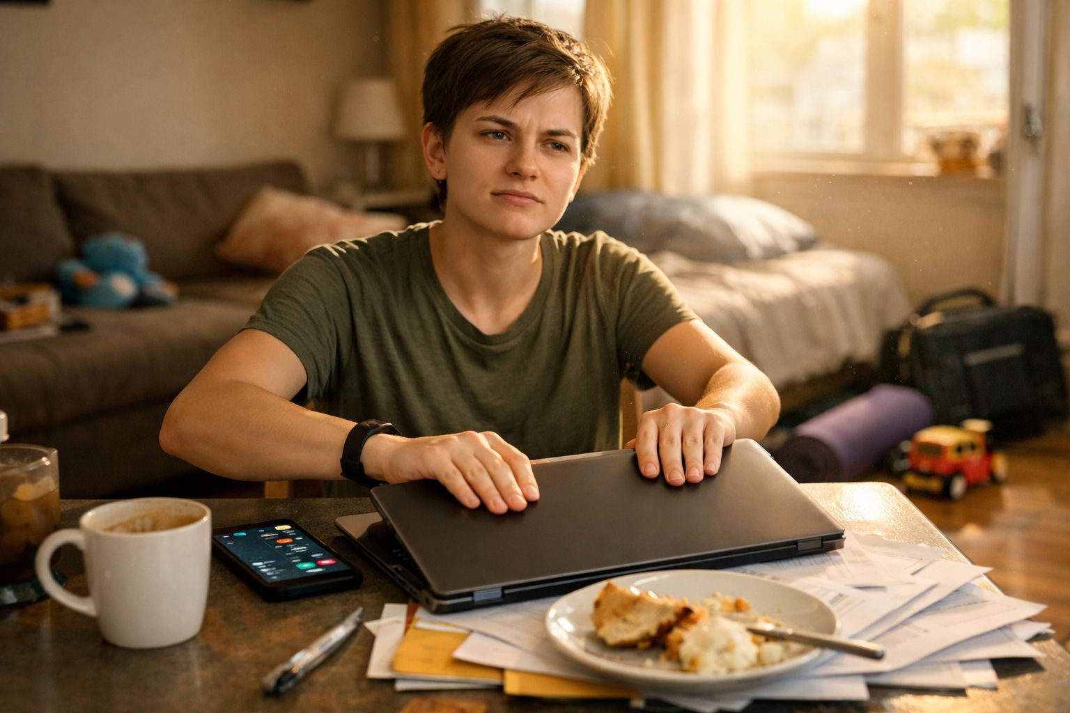 Pessoa a fechar computador portátil sentada à mesa com chávena, telemóvel e prato com comida, em sala iluminada.