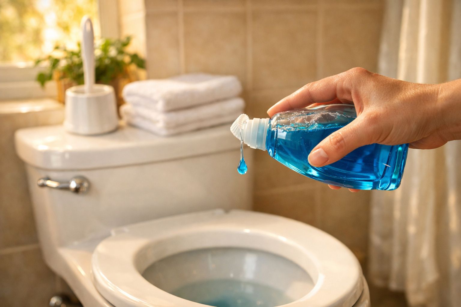 Pessoa a verter líquido azul para a sanita num banheiro com toalhas dobradas ao fundo.