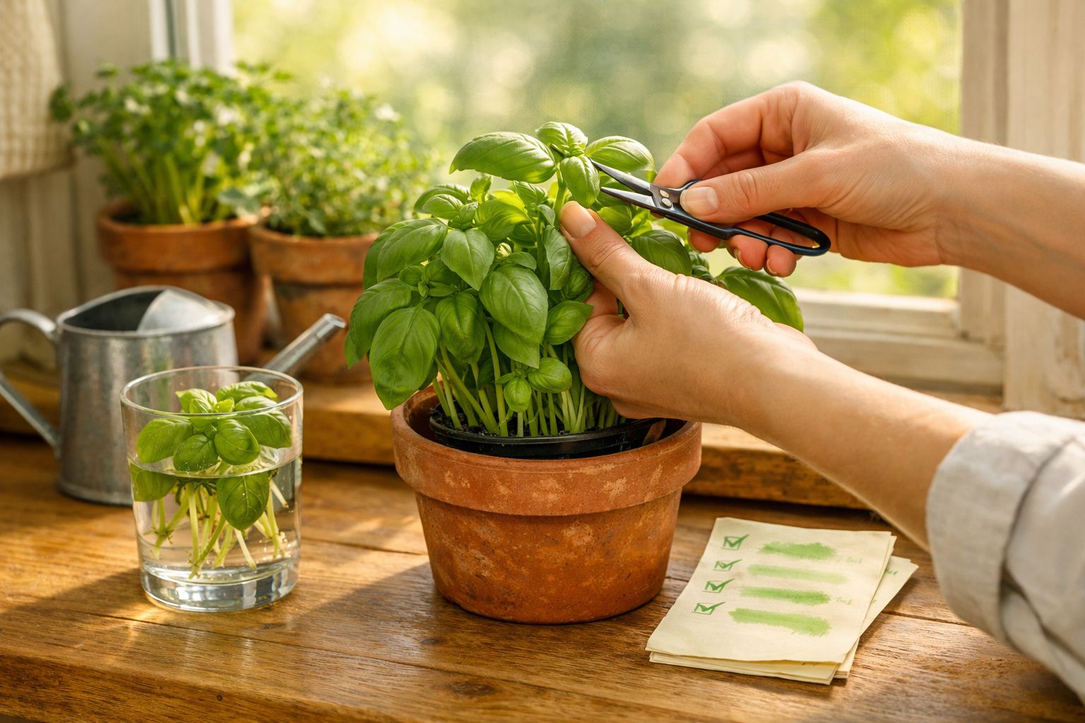 Mãos a podar uma planta de manjericão num vaso de barro junto a uma janela com outras plantas e regador.