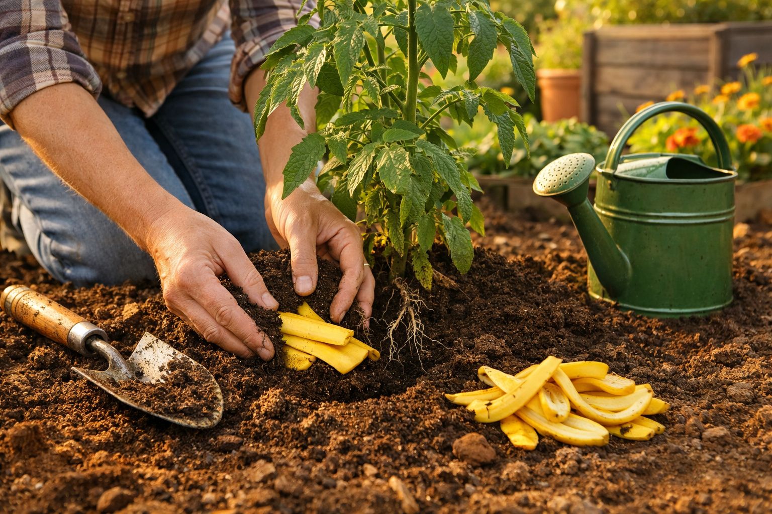 Pessoa a plantar restos de cascas de banana junto de uma planta numa horta com regador verde ao lado.