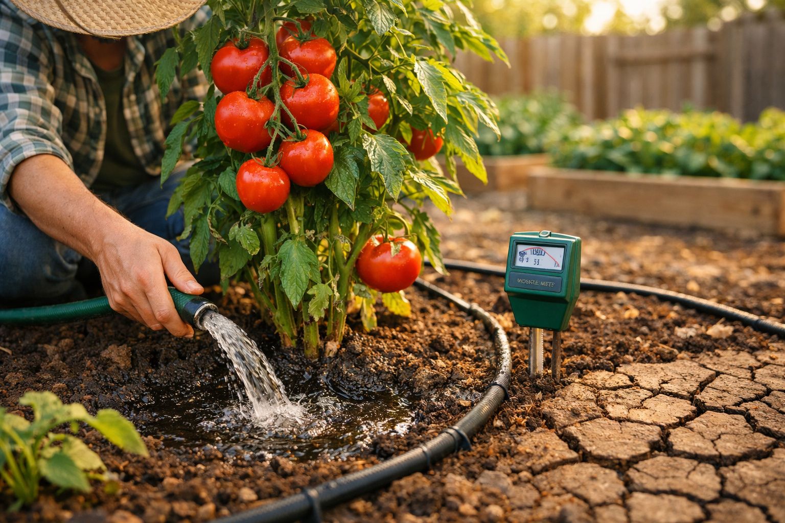 Pessoa a regar planta de tomate maduro com rega automática e medidor de humidade no solo.