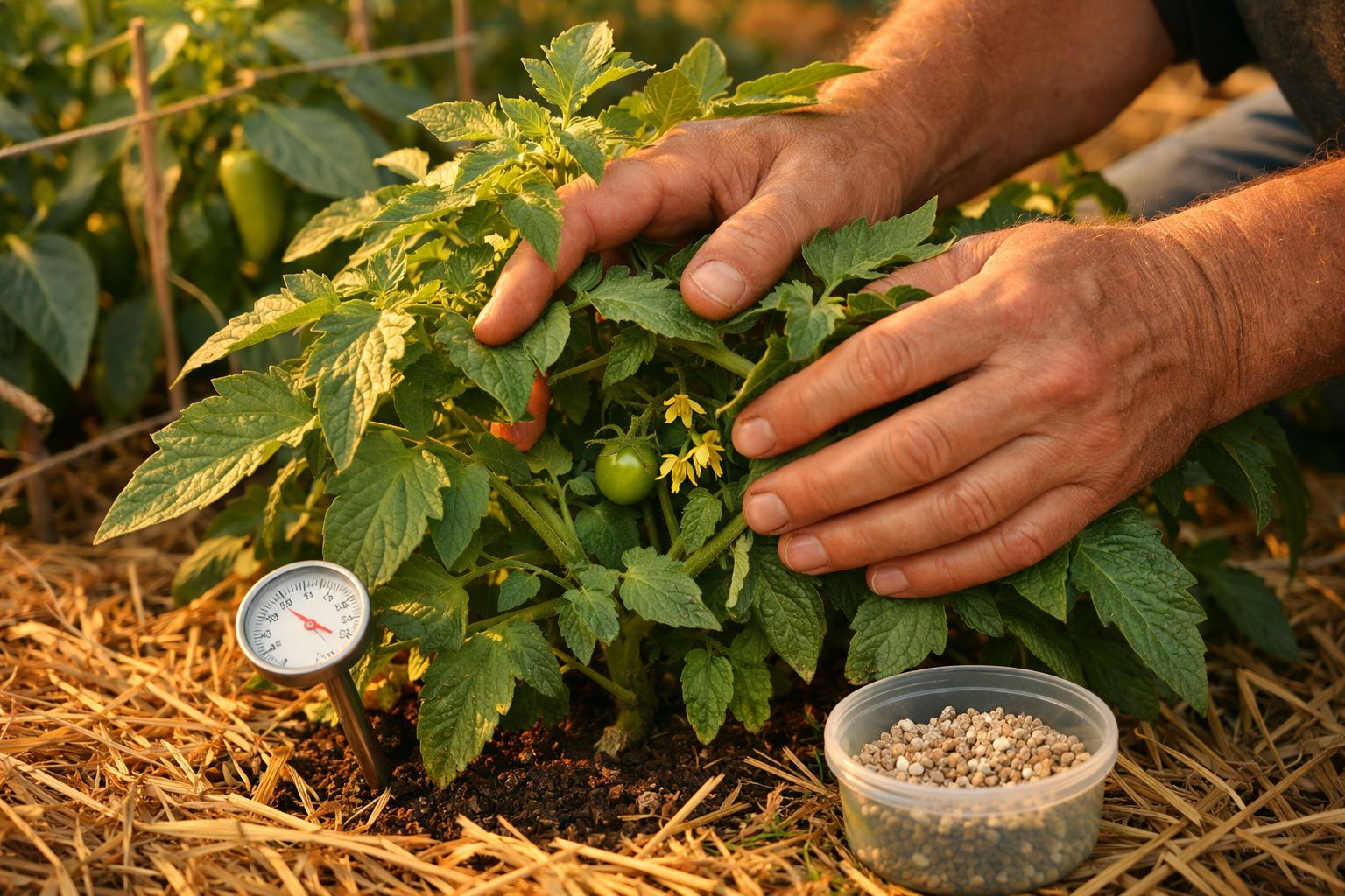 Mãos a proteger planta de tomate com termómetro de solo e fertilizante em ambiente de agricultura sustentável.